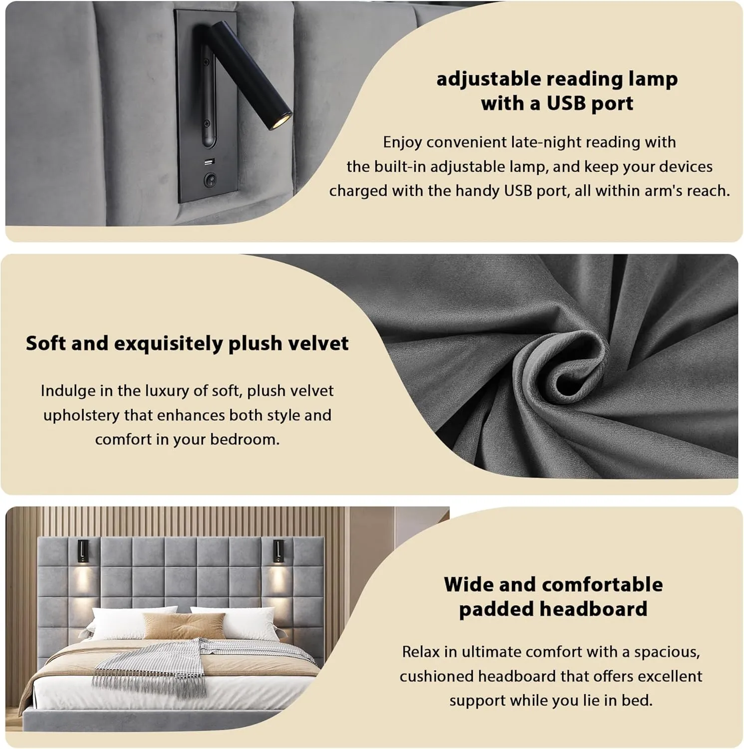 Merax Upholstered King Bed, with Reading Lamp and USB Port, Wide Velvet Headboard, (Without Bedside Tables and Mattress), Grey