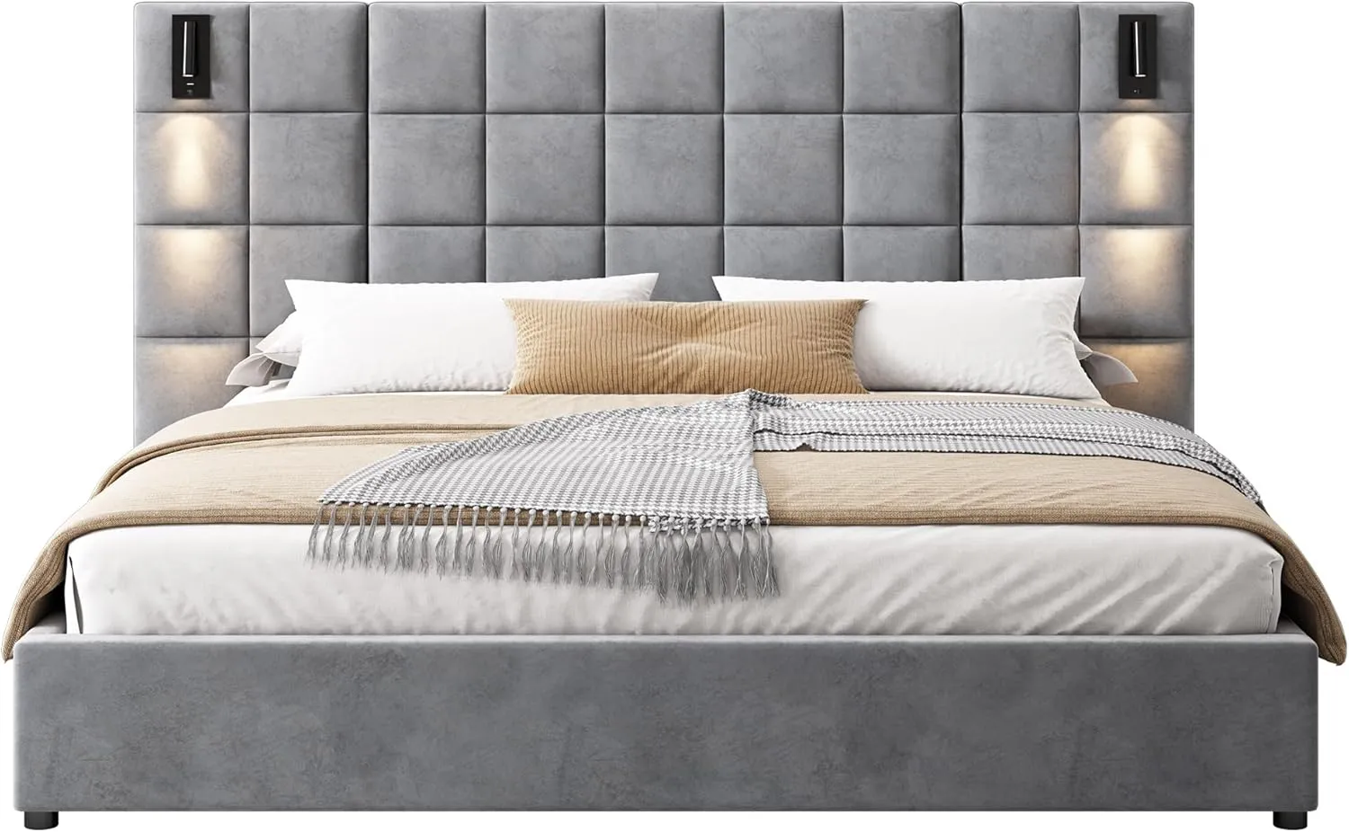 Merax Upholstered King Bed, with Reading Lamp and USB Port, Wide Velvet Headboard, (Without Bedside Tables and Mattress), Grey