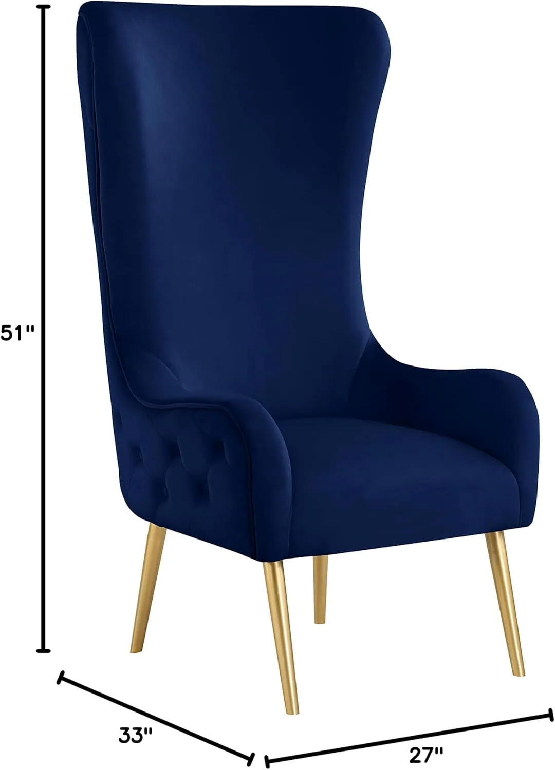 Meridian Furniture 536Navy Alexander Collection Modern | Contemporary Velvet Upholstered Accent Chair with Sturdy Gold Metal Legs and Deep Button Tufting on Back, 27" W x 33" D x 51" H