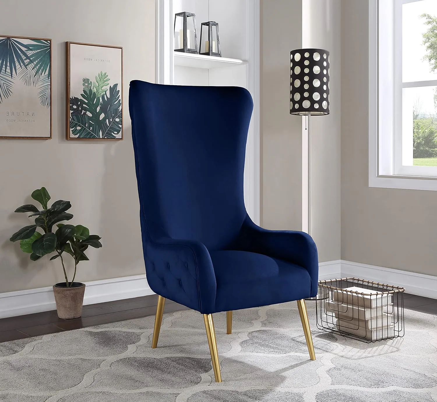 Meridian Furniture 536Navy Alexander Collection Modern | Contemporary Velvet Upholstered Accent Chair with Sturdy Gold Metal Legs and Deep Button Tufting on Back, 27" W x 33" D x 51" H