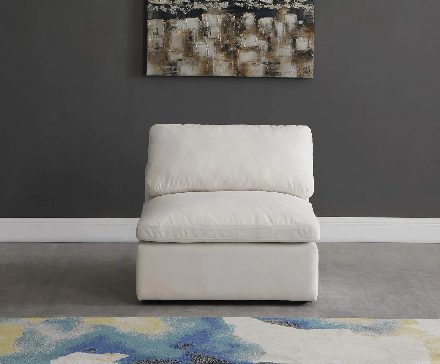 Meridian Furniture 602Cream-Armless Plush Collection Contemporary Down Filled Comfort Overstuffed Velvet Upholstered Modular Component Armless Cream