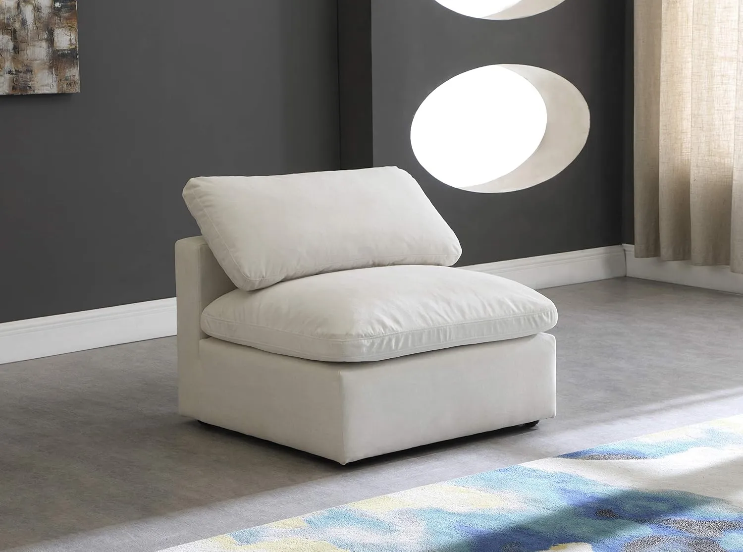 Meridian Furniture 602Cream-Armless Plush Collection Contemporary Down Filled Comfort Overstuffed Velvet Upholstered Modular Component Armless Cream