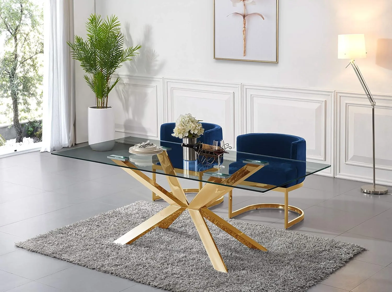 Meridian Furniture Gianna Collection Modern | Contemporary Velvet Upholstered Dining Chair with Polished Gold Metal Frame, 24" W x 22" D x 29.5" H, Navy