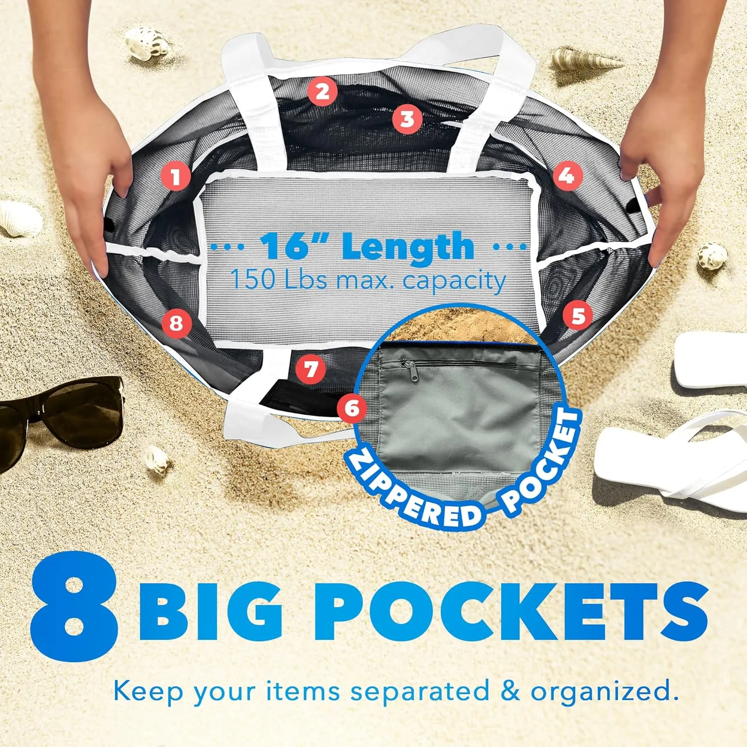 Mesh Sand Free Bag - Strong Lightweight Bag For Beach & Vacation Essentials. Tons of Storage!