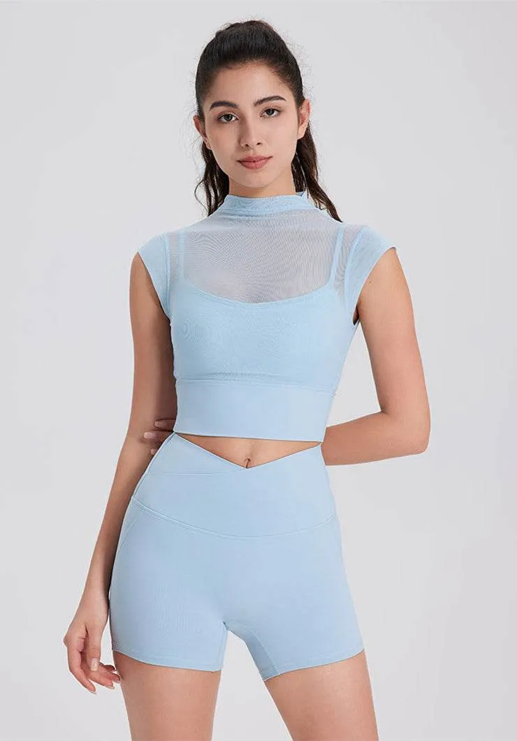 Mesh Yoga Crop T-Shirts with Built-in Chest Pad