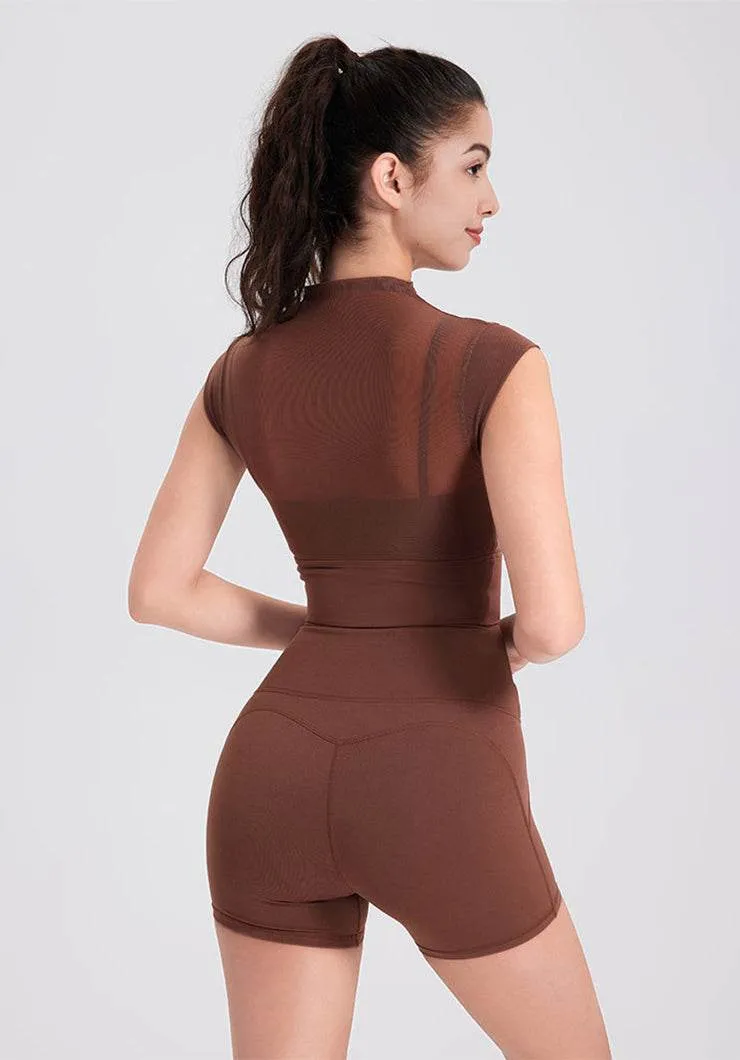 Mesh Yoga Crop T-Shirts with Built-in Chest Pad