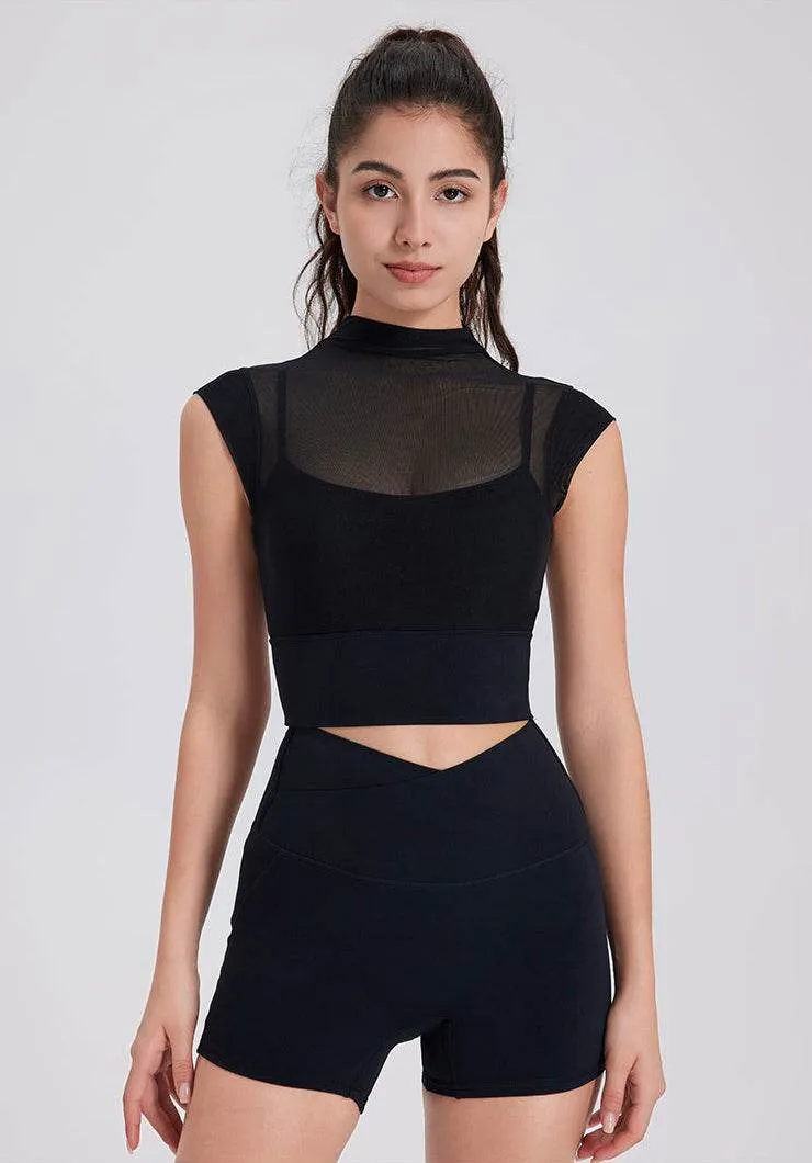 Mesh Yoga Crop T-Shirts with Built-in Chest Pad