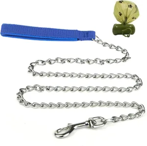 Metal Dog Leash 4FT/6FT Chew Proof Heavy Duty Dog Chain Leash for Medium Large Dogs, Comfortable Handle with Dog Waste Bag Holder, Improved Dog Safety & Comfort, Attaches to Pet Collar(4FT Blue)
