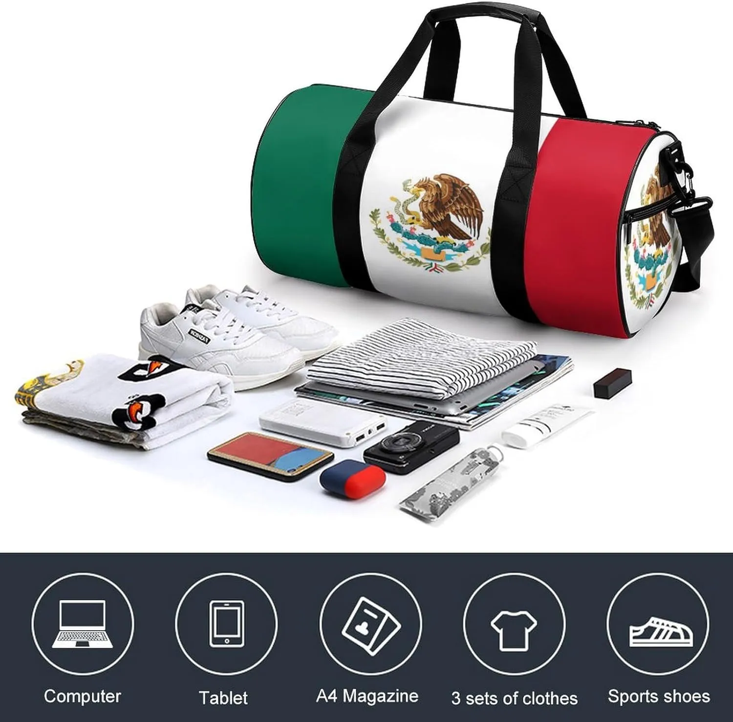 Mexican Flag Sports Duffel Bag for Women Men with Wet Pocket Gym Bag
