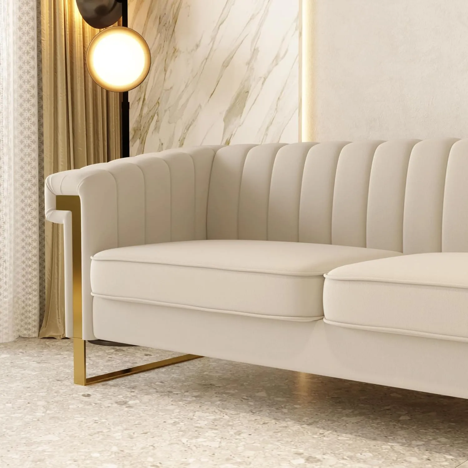 Mid-Century Modern Beige Velvet Sofa with Gold Metal Legs, 83.86" Luxury Chesterfield Comfy Cream Couches for Living Room (Velvet, Beige)