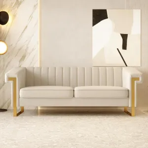 Mid-Century Modern Beige Velvet Sofa with Gold Metal Legs, 83.86" Luxury Chesterfield Comfy Cream Couches for Living Room (Velvet, Beige)