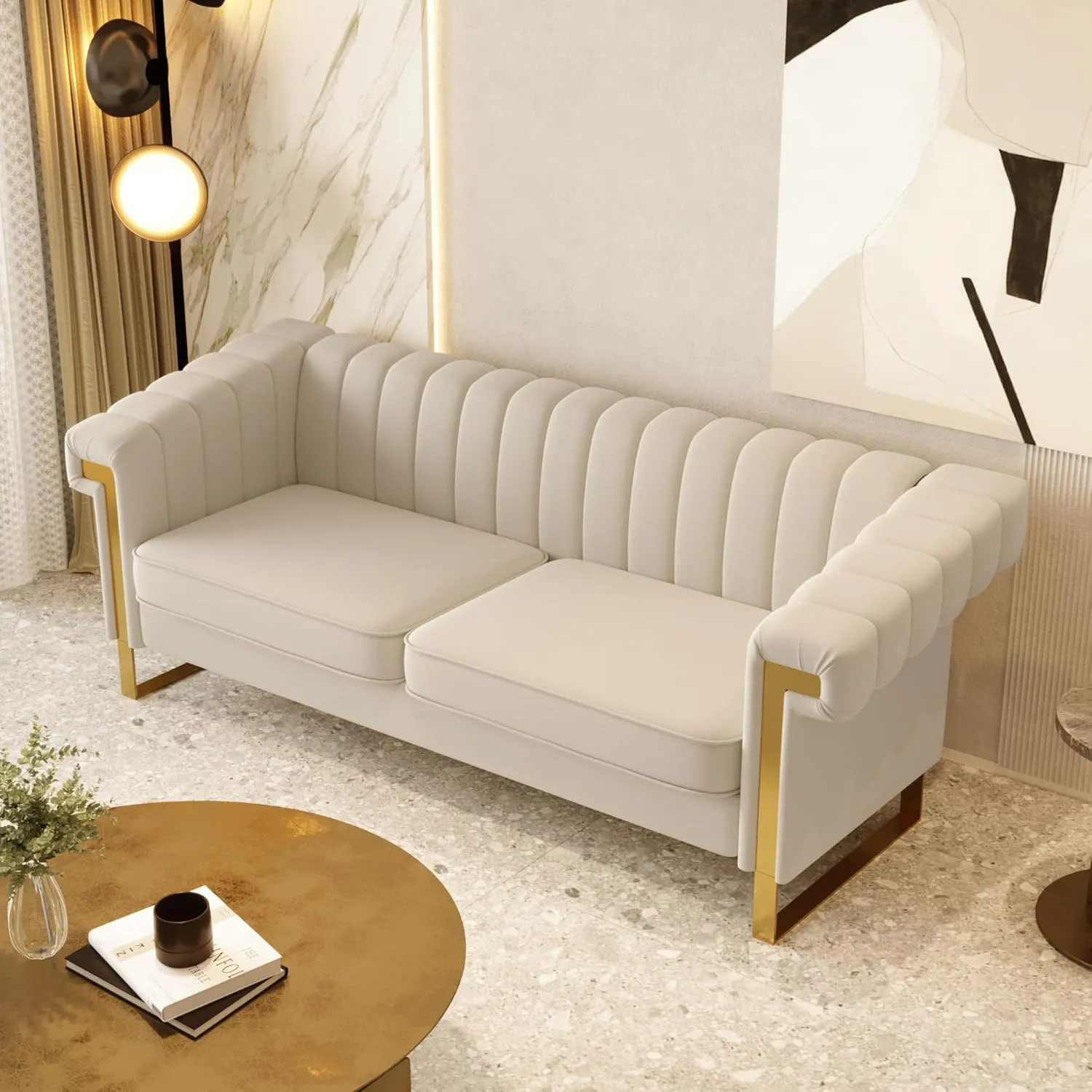 Mid-Century Modern Beige Velvet Sofa with Gold Metal Legs, 83.86" Luxury Chesterfield Comfy Cream Couches for Living Room (Velvet, Beige)