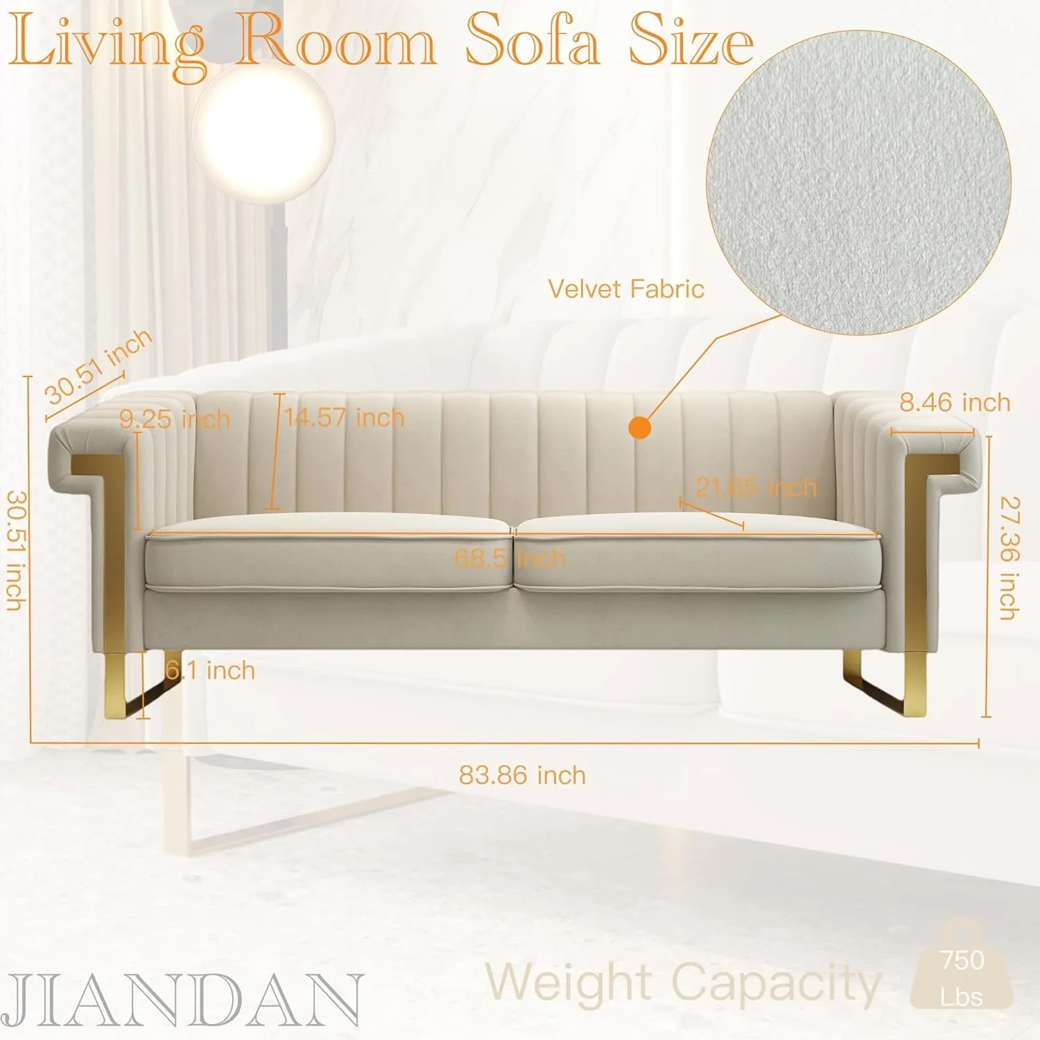 Mid-Century Modern Beige Velvet Sofa with Gold Metal Legs, 83.86" Luxury Chesterfield Comfy Cream Couches for Living Room (Velvet, Beige)