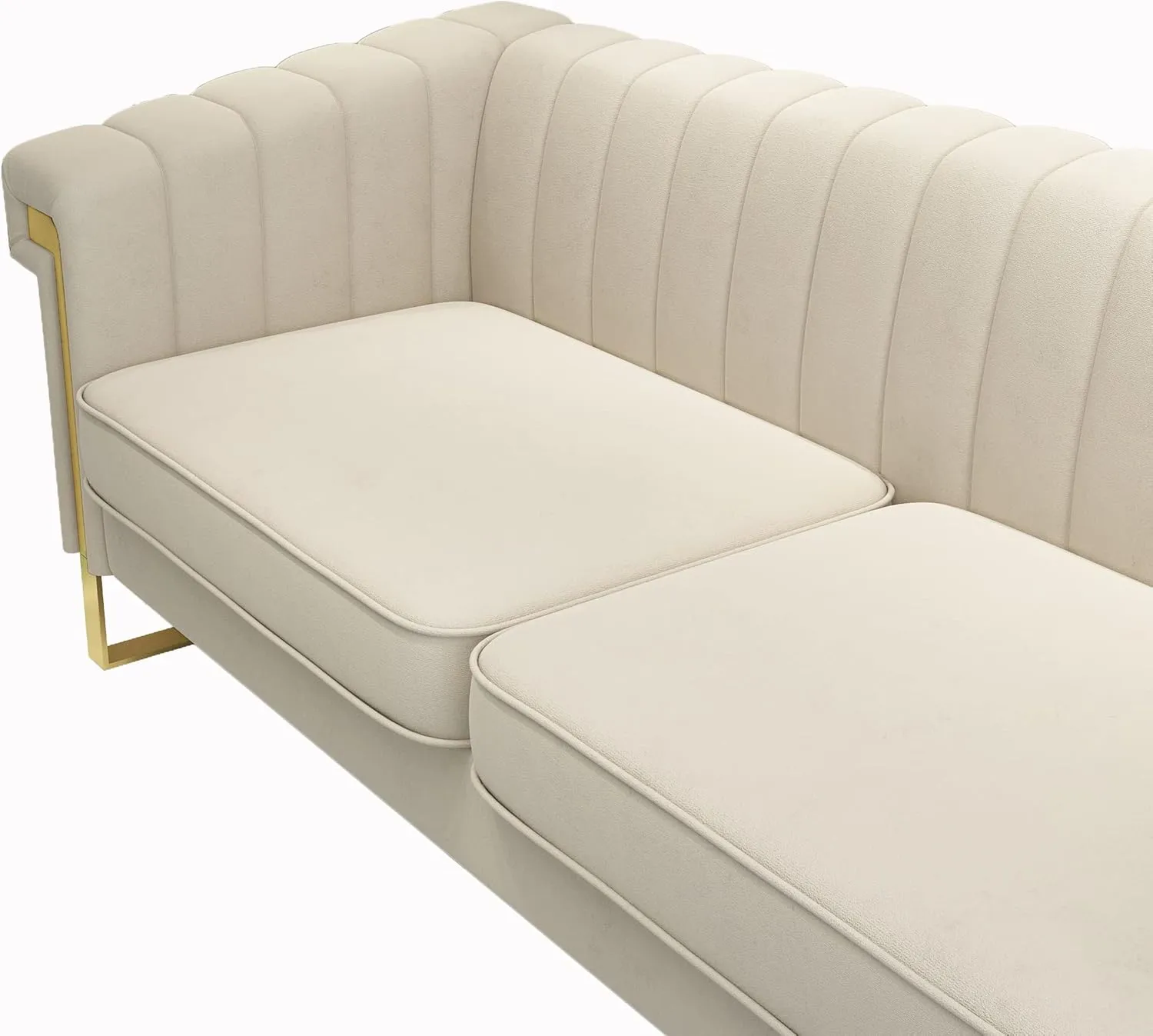 Mid-Century Modern Beige Velvet Sofa with Gold Metal Legs, 83.86" Luxury Chesterfield Comfy Cream Couches for Living Room (Velvet, Beige)