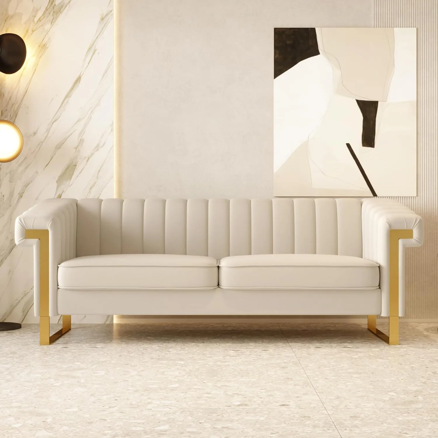 Mid-Century Modern Beige Velvet Sofa with Gold Metal Legs, 83.86" Luxury Chesterfield Comfy Cream Couches for Living Room (Velvet, Beige)
