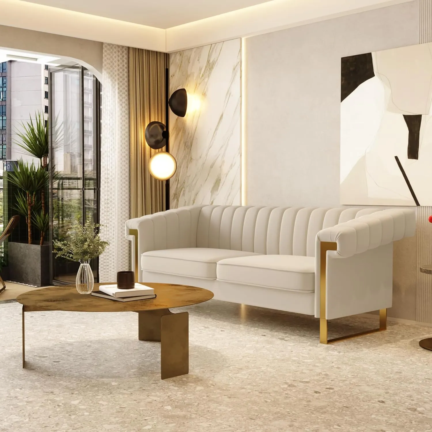 Mid-Century Modern Beige Velvet Sofa with Gold Metal Legs, 83.86" Luxury Chesterfield Comfy Cream Couches for Living Room (Velvet, Beige)