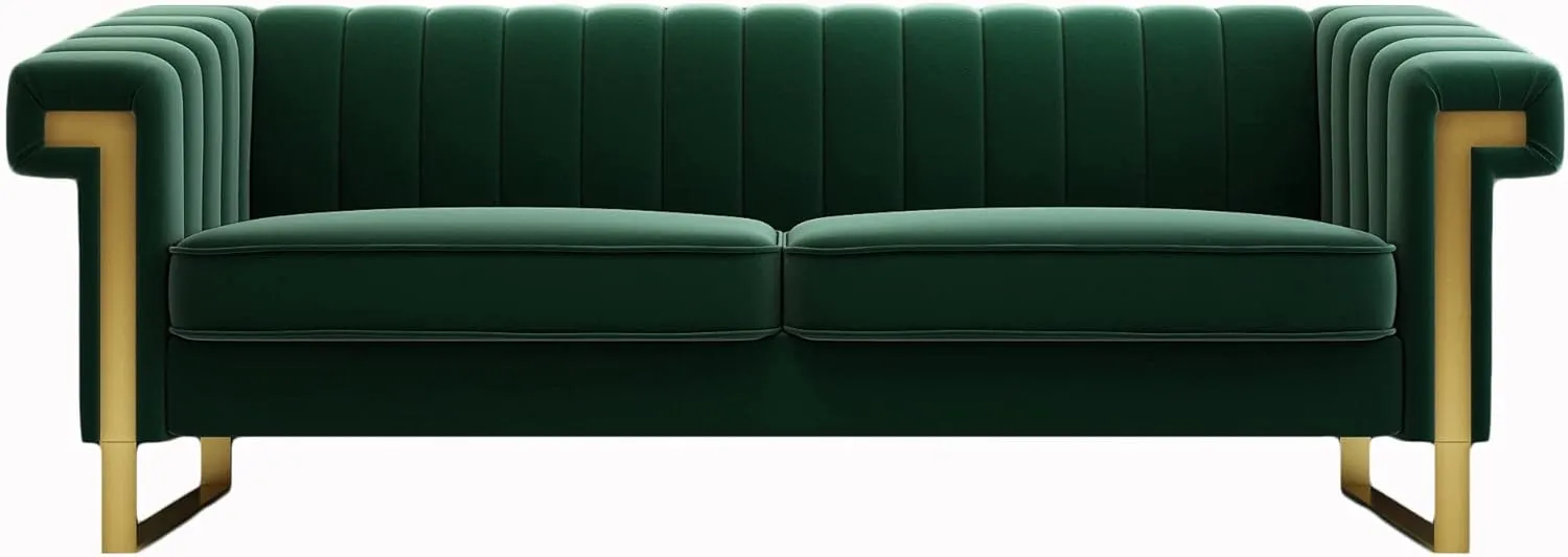 Mid-Century Modern Green Velvet Sofa with Gold Metal Legs, 83.86" Luxury Chesterfield Comfy Couches for Living Room (Velvet, Green)