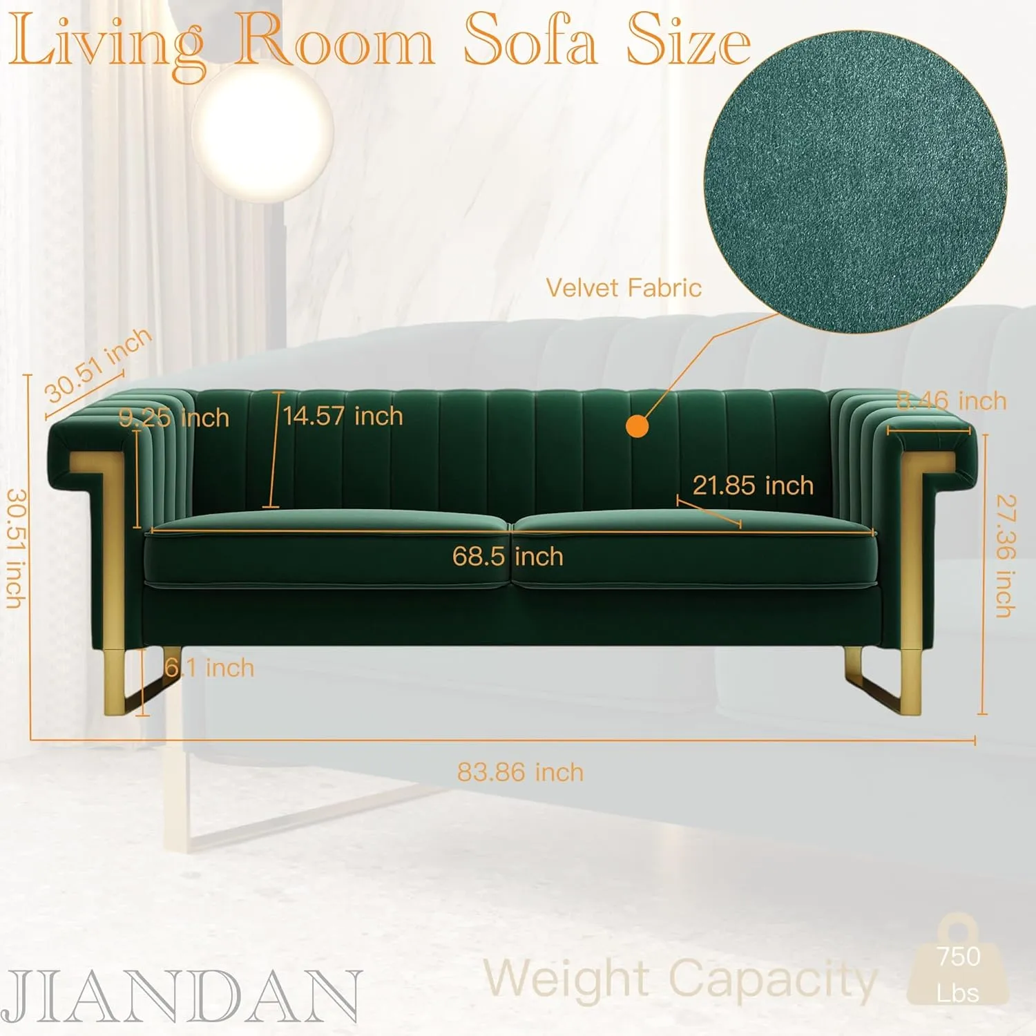 Mid-Century Modern Green Velvet Sofa with Gold Metal Legs, 83.86" Luxury Chesterfield Comfy Couches for Living Room (Velvet, Green)