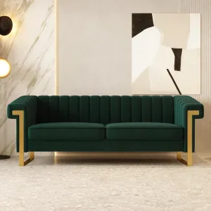 Mid-Century Modern Green Velvet Sofa with Gold Metal Legs, 83.86" Luxury Chesterfield Comfy Couches for Living Room (Velvet, Green)