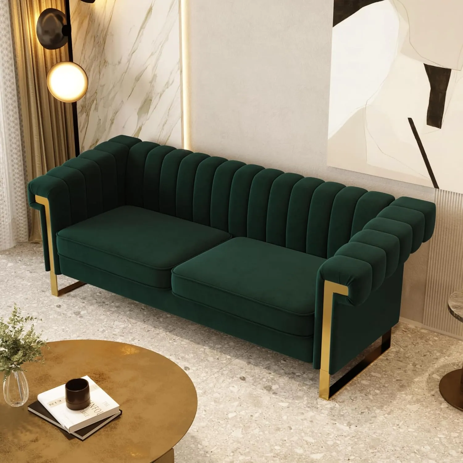 Mid-Century Modern Green Velvet Sofa with Gold Metal Legs, 83.86" Luxury Chesterfield Comfy Couches for Living Room (Velvet, Green)