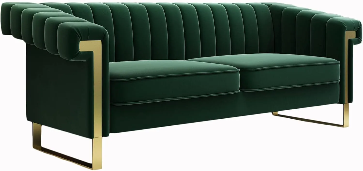 Mid-Century Modern Green Velvet Sofa with Gold Metal Legs, 83.86" Luxury Chesterfield Comfy Couches for Living Room (Velvet, Green)