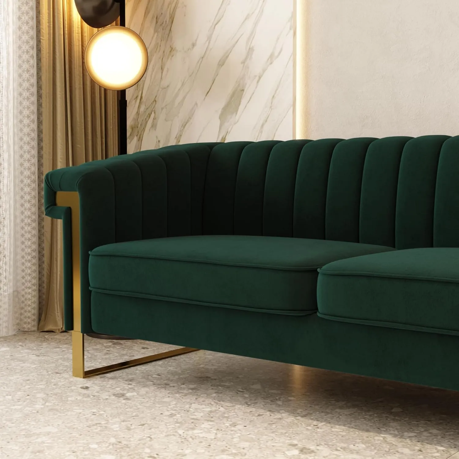 Mid-Century Modern Green Velvet Sofa with Gold Metal Legs, 83.86" Luxury Chesterfield Comfy Couches for Living Room (Velvet, Green)