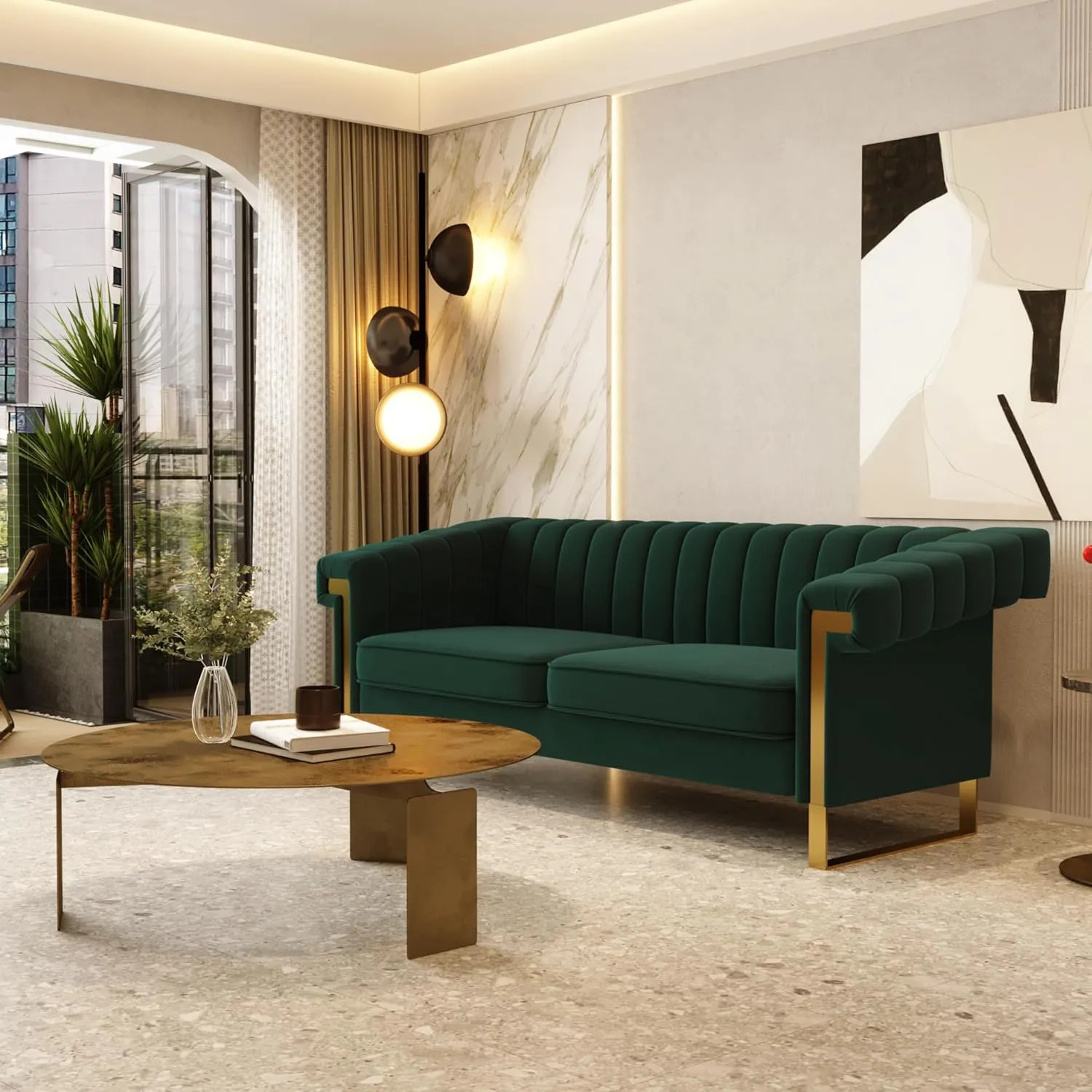 Mid-Century Modern Green Velvet Sofa with Gold Metal Legs, 83.86" Luxury Chesterfield Comfy Couches for Living Room (Velvet, Green)