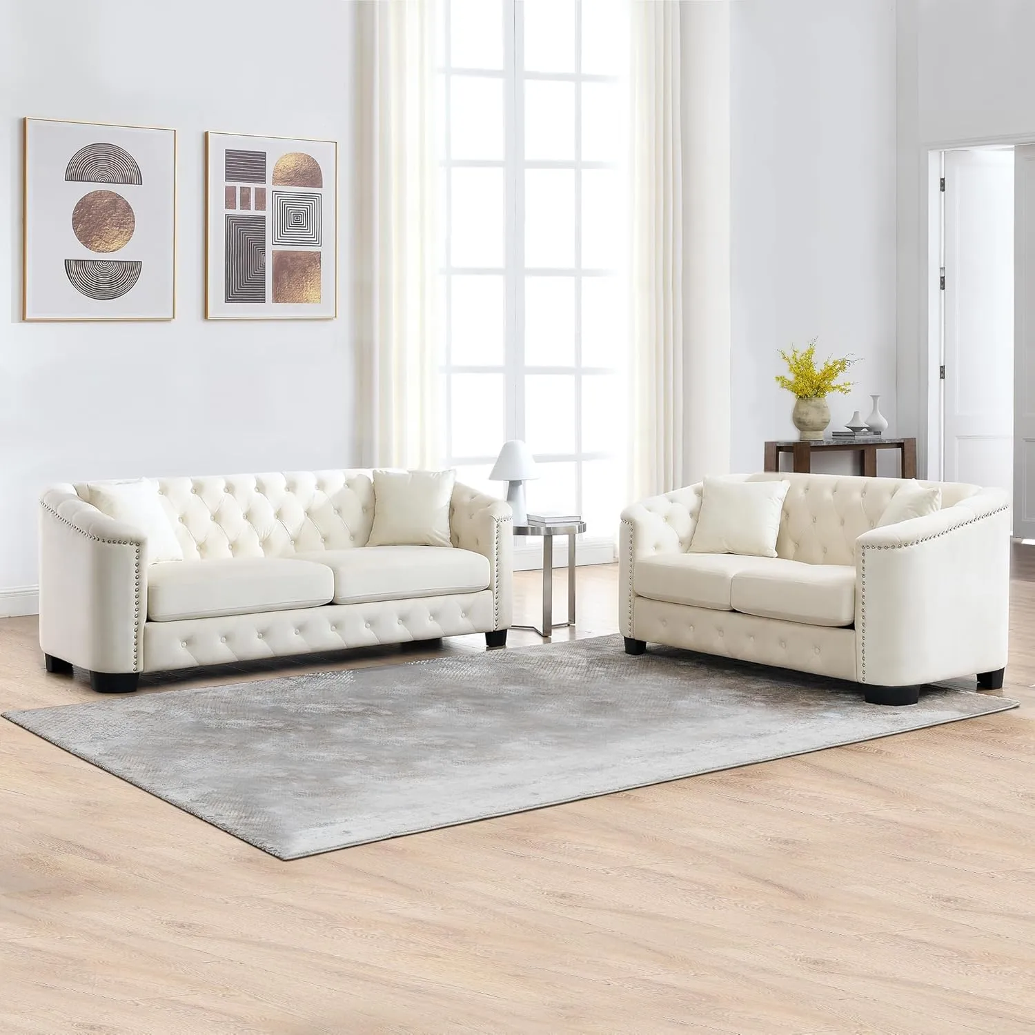 mikibama Luxury 2 Piece Chesterfield Velvet Sofa Set for Living Room, Modern Decor Furniture Sectional Sofa, 3 Seater & Loveseat Upholstered Tufted Couch for Apartment, Office, Hall(Beige)