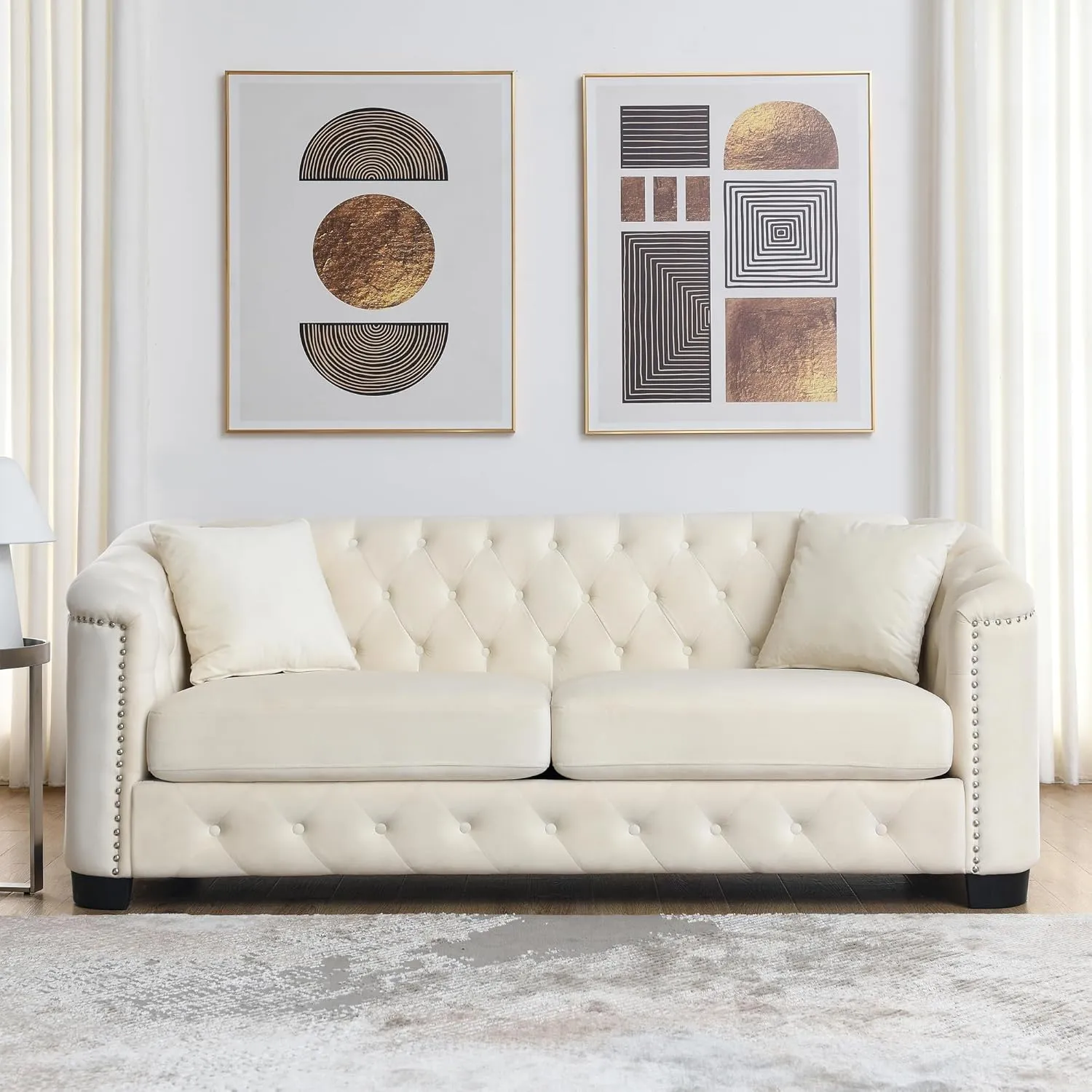 mikibama Luxury 2 Piece Chesterfield Velvet Sofa Set for Living Room, Modern Decor Furniture Sectional Sofa, 3 Seater & Loveseat Upholstered Tufted Couch for Apartment, Office, Hall(Beige)