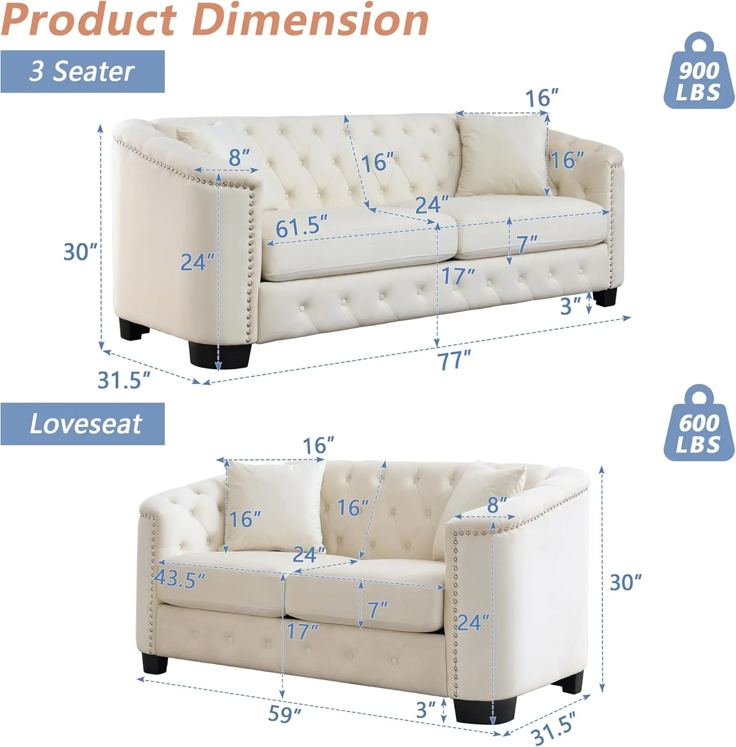 mikibama Luxury 2 Piece Chesterfield Velvet Sofa Set for Living Room, Modern Decor Furniture Sectional Sofa, 3 Seater & Loveseat Upholstered Tufted Couch for Apartment, Office, Hall(Beige)