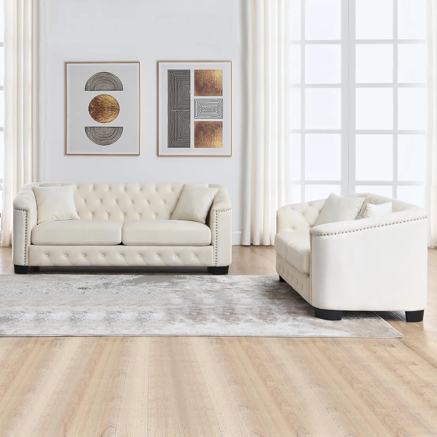 mikibama Luxury 2 Piece Chesterfield Velvet Sofa Set for Living Room, Modern Decor Furniture Sectional Sofa, 3 Seater & Loveseat Upholstered Tufted Couch for Apartment, Office, Hall(Beige)