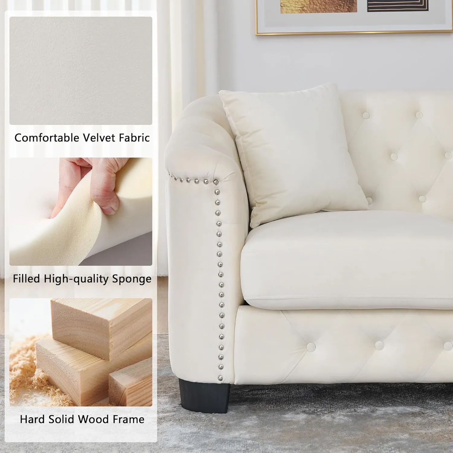 mikibama Luxury 2 Piece Chesterfield Velvet Sofa Set for Living Room, Modern Decor Furniture Sectional Sofa, 3 Seater & Loveseat Upholstered Tufted Couch for Apartment, Office, Hall(Beige)