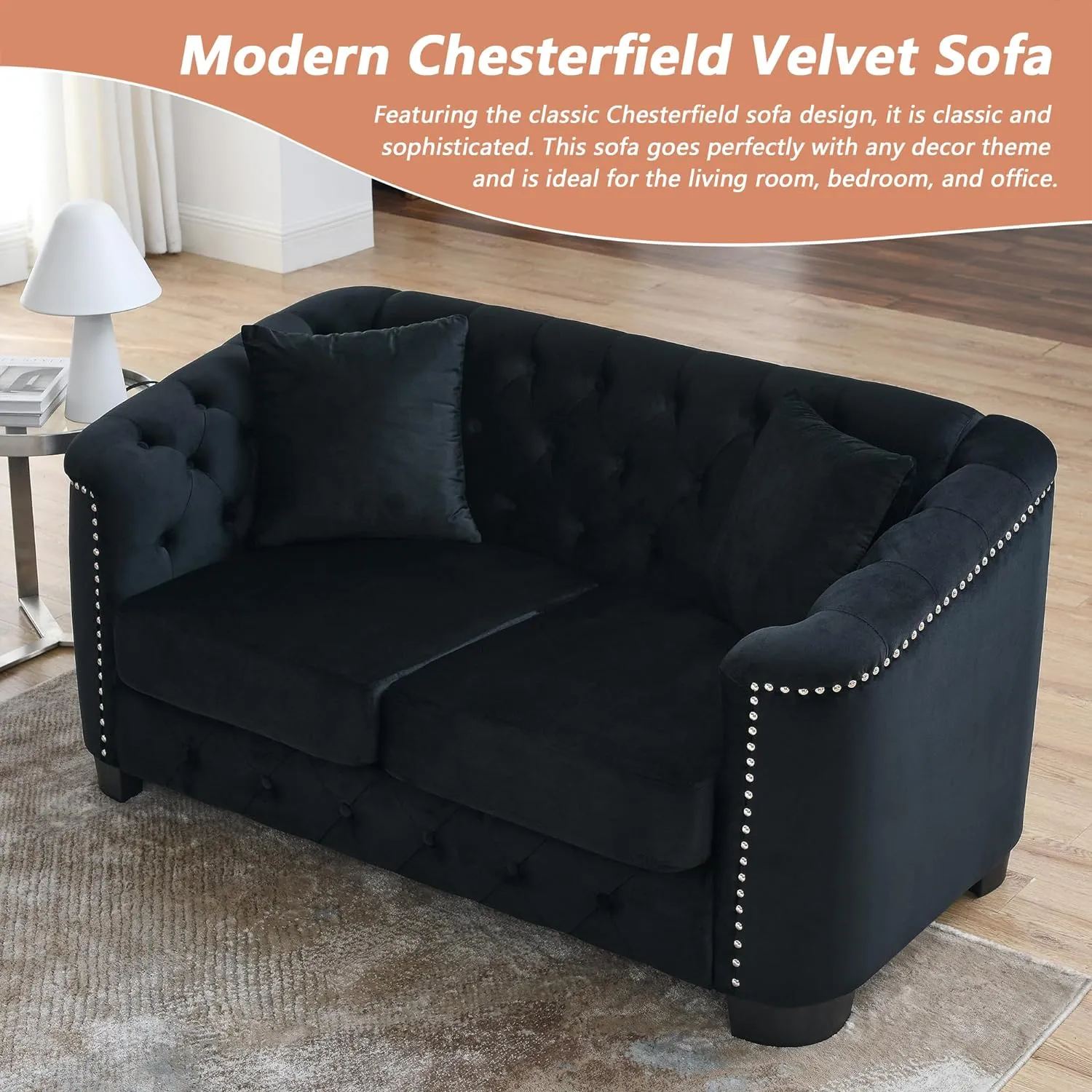 mikibama Luxury 2 Piece Chesterfield Velvet Sofa Set for Living Room, Modern Decor Furniture Sectional Sofa, 3 Seater & Loveseat Upholstered Tufted Couch for Apartment, Office, Hall(Black)