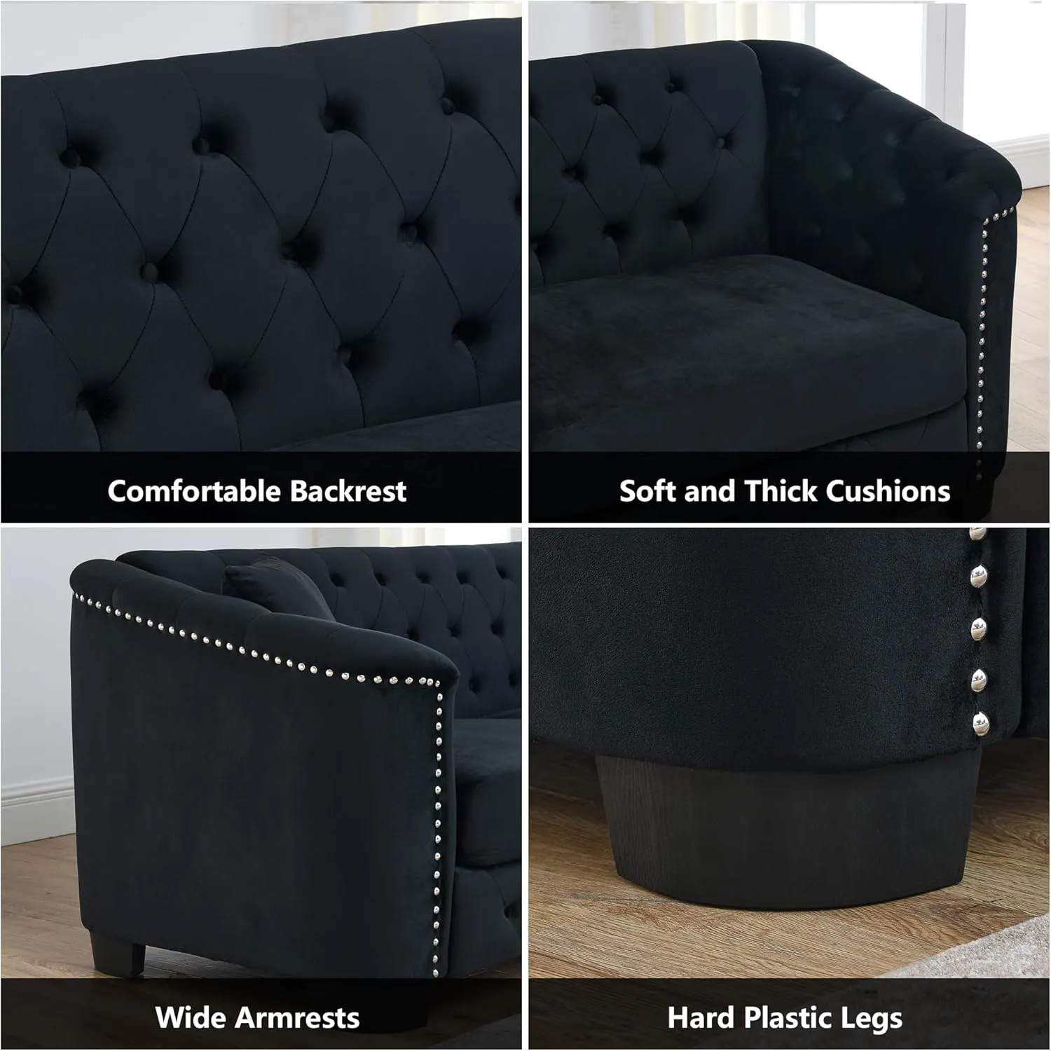 mikibama Luxury 2 Piece Chesterfield Velvet Sofa Set for Living Room, Modern Decor Furniture Sectional Sofa, 3 Seater & Loveseat Upholstered Tufted Couch for Apartment, Office, Hall(Black)