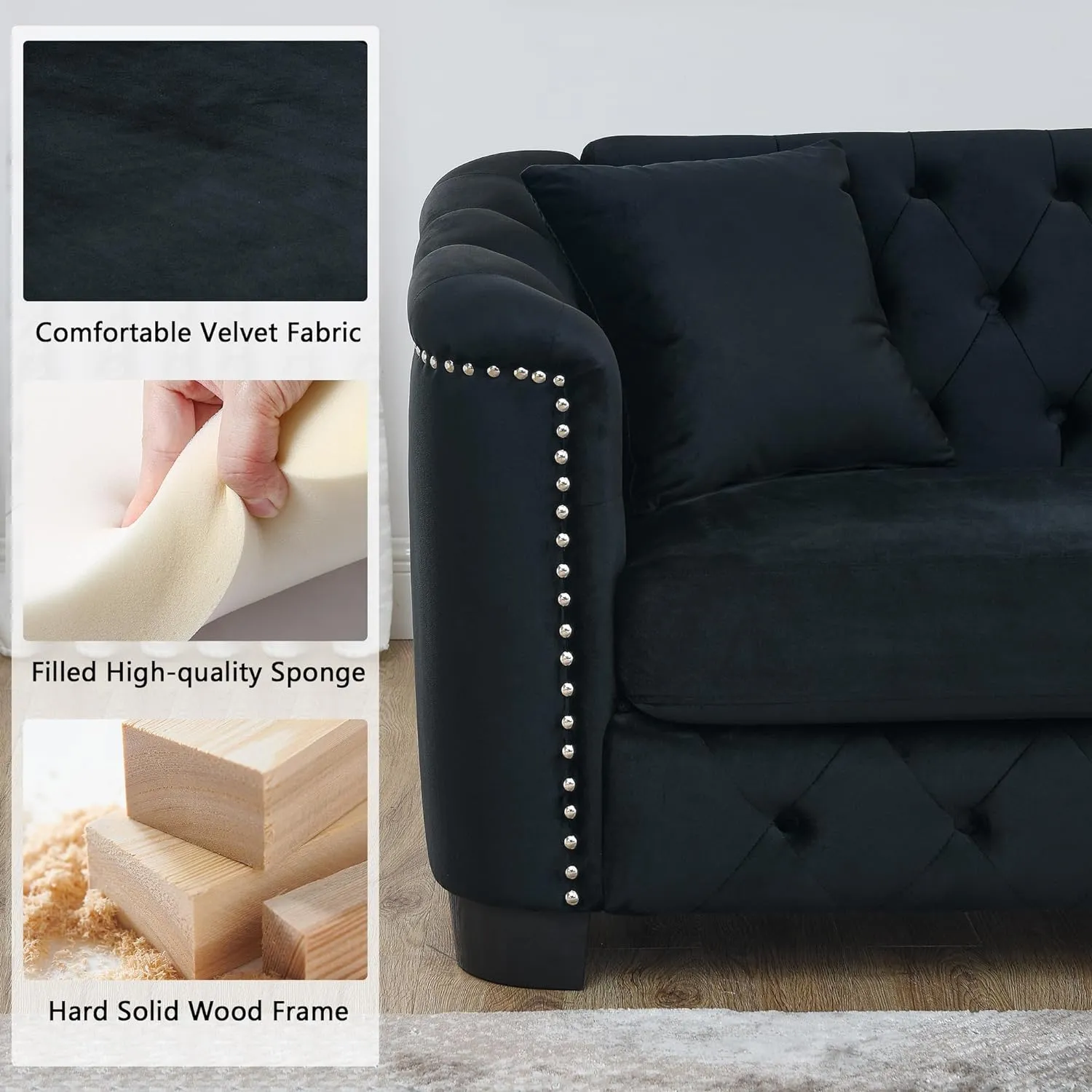 mikibama Luxury 2 Piece Chesterfield Velvet Sofa Set for Living Room, Modern Decor Furniture Sectional Sofa, 3 Seater & Loveseat Upholstered Tufted Couch for Apartment, Office, Hall(Black)