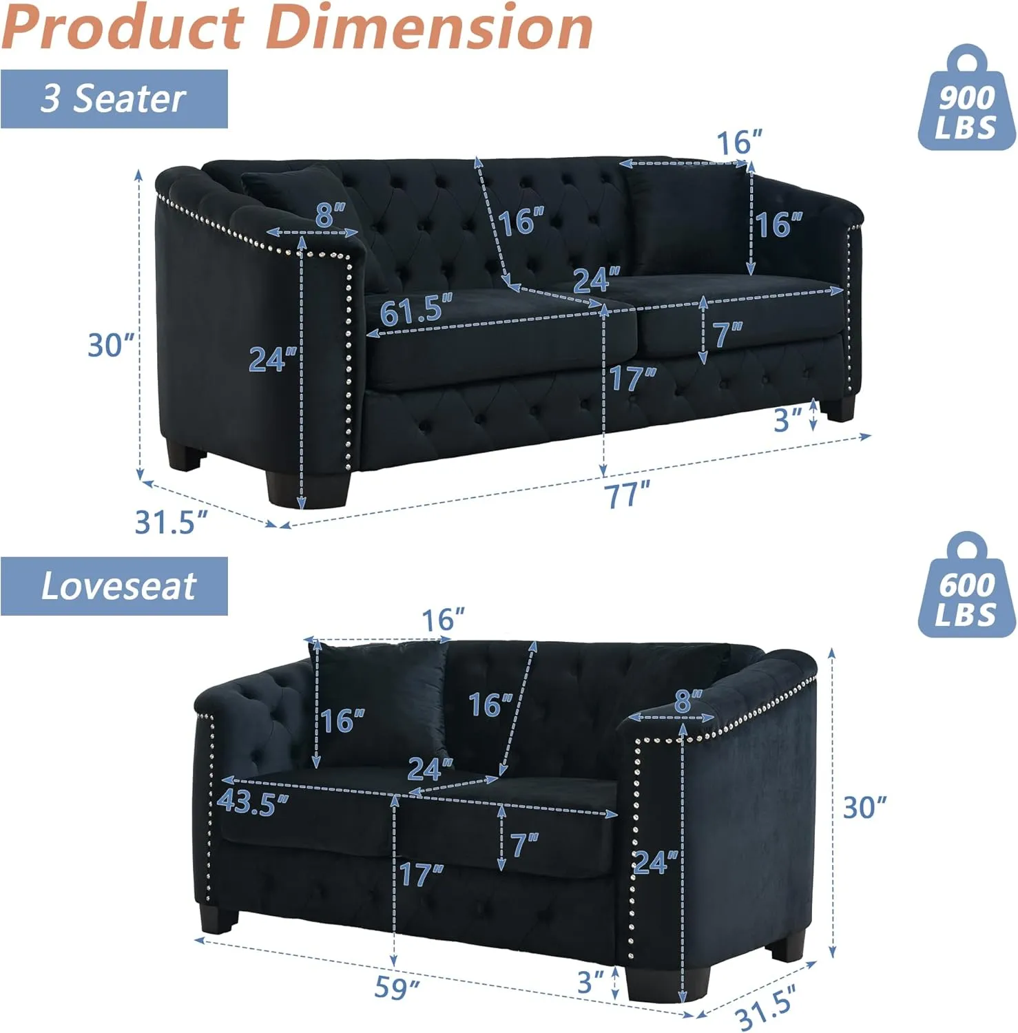mikibama Luxury 2 Piece Chesterfield Velvet Sofa Set for Living Room, Modern Decor Furniture Sectional Sofa, 3 Seater & Loveseat Upholstered Tufted Couch for Apartment, Office, Hall(Black)