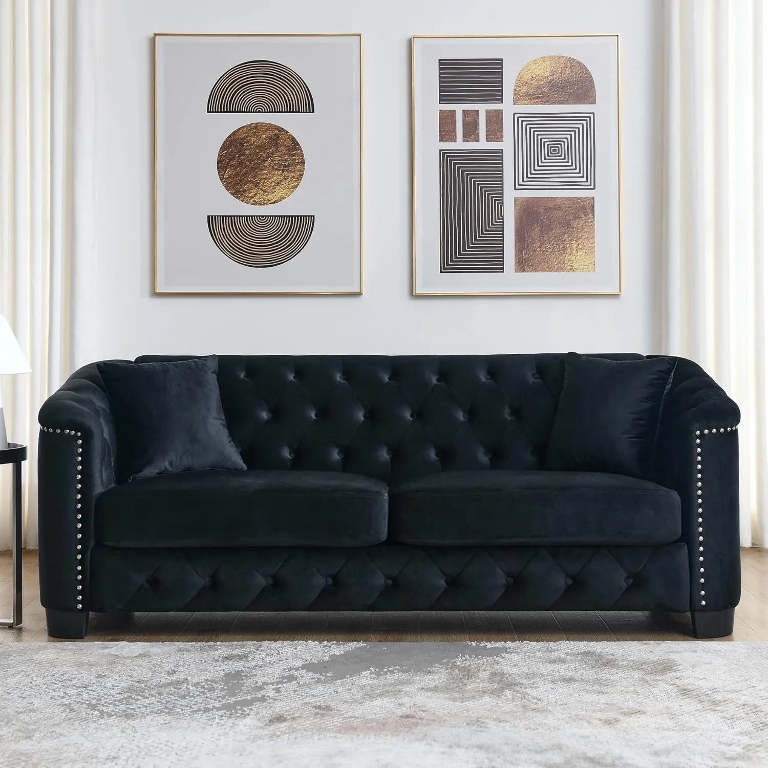 mikibama Luxury 2 Piece Chesterfield Velvet Sofa Set for Living Room, Modern Decor Furniture Sectional Sofa, 3 Seater & Loveseat Upholstered Tufted Couch for Apartment, Office, Hall(Black)
