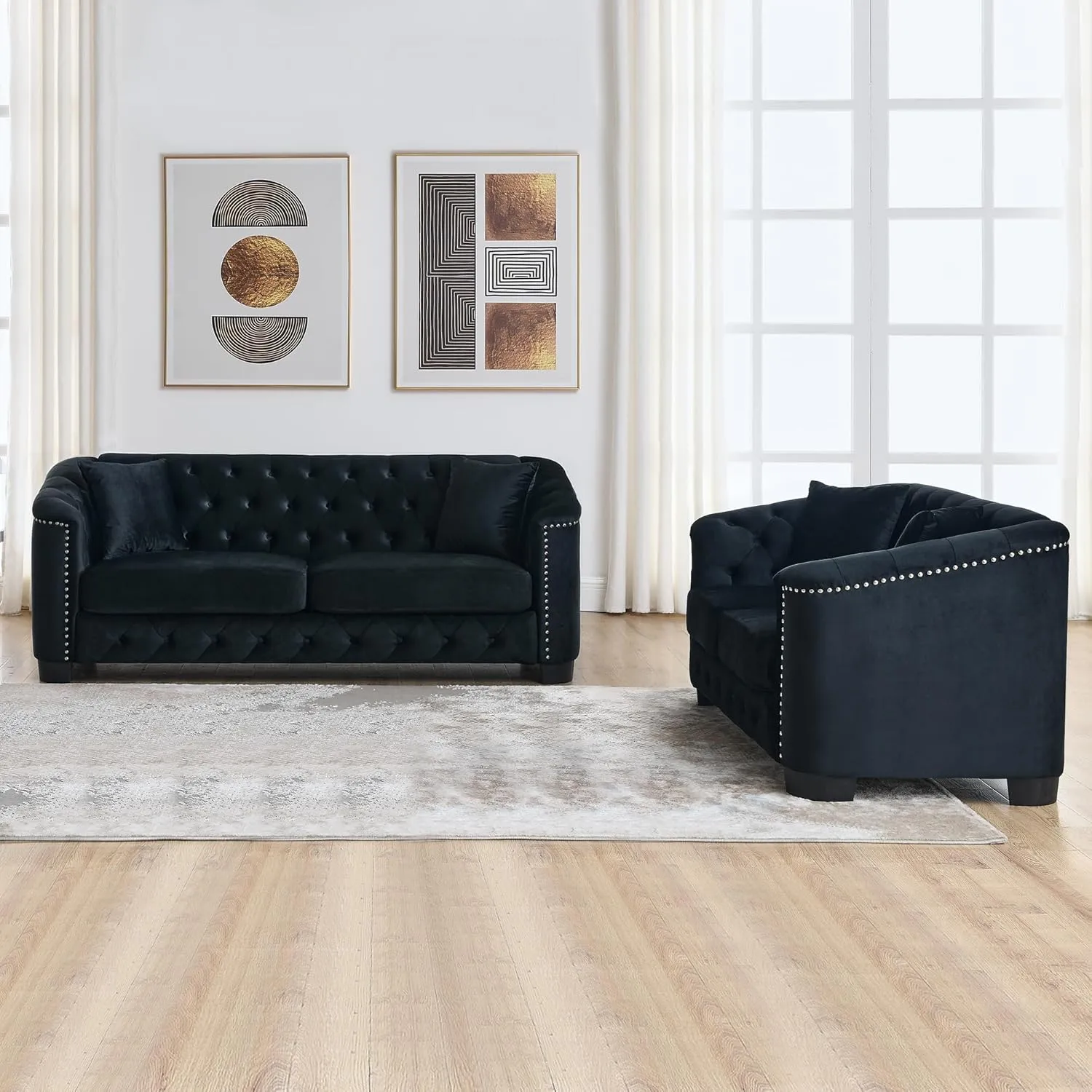 mikibama Luxury 2 Piece Chesterfield Velvet Sofa Set for Living Room, Modern Decor Furniture Sectional Sofa, 3 Seater & Loveseat Upholstered Tufted Couch for Apartment, Office, Hall(Black)