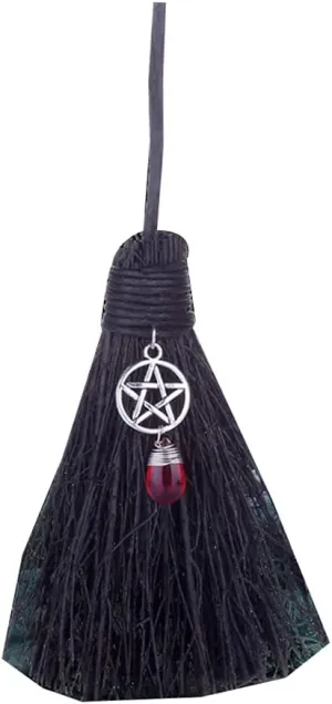 Mini Witch Broom Pendant with Faux Crystal, Miniature Wicca Altar Broomstick Besoms Car Charm Halloween Witchcraft Decoration
