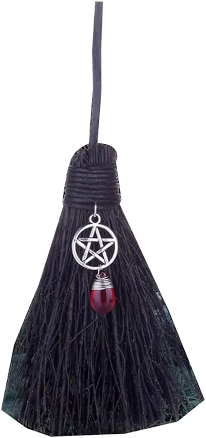 Mini Witch Broom Pendant with Faux Crystal, Miniature Wicca Altar Broomstick Besoms Car Charm Halloween Witchcraft Decoration