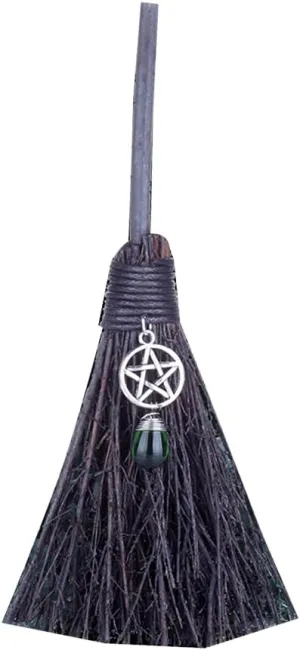 Mini Witch Broom Pendant with Faux Crystal, Miniature Wicca Altar Broomstick Besoms Car Charm Halloween Witchcraft Decoration