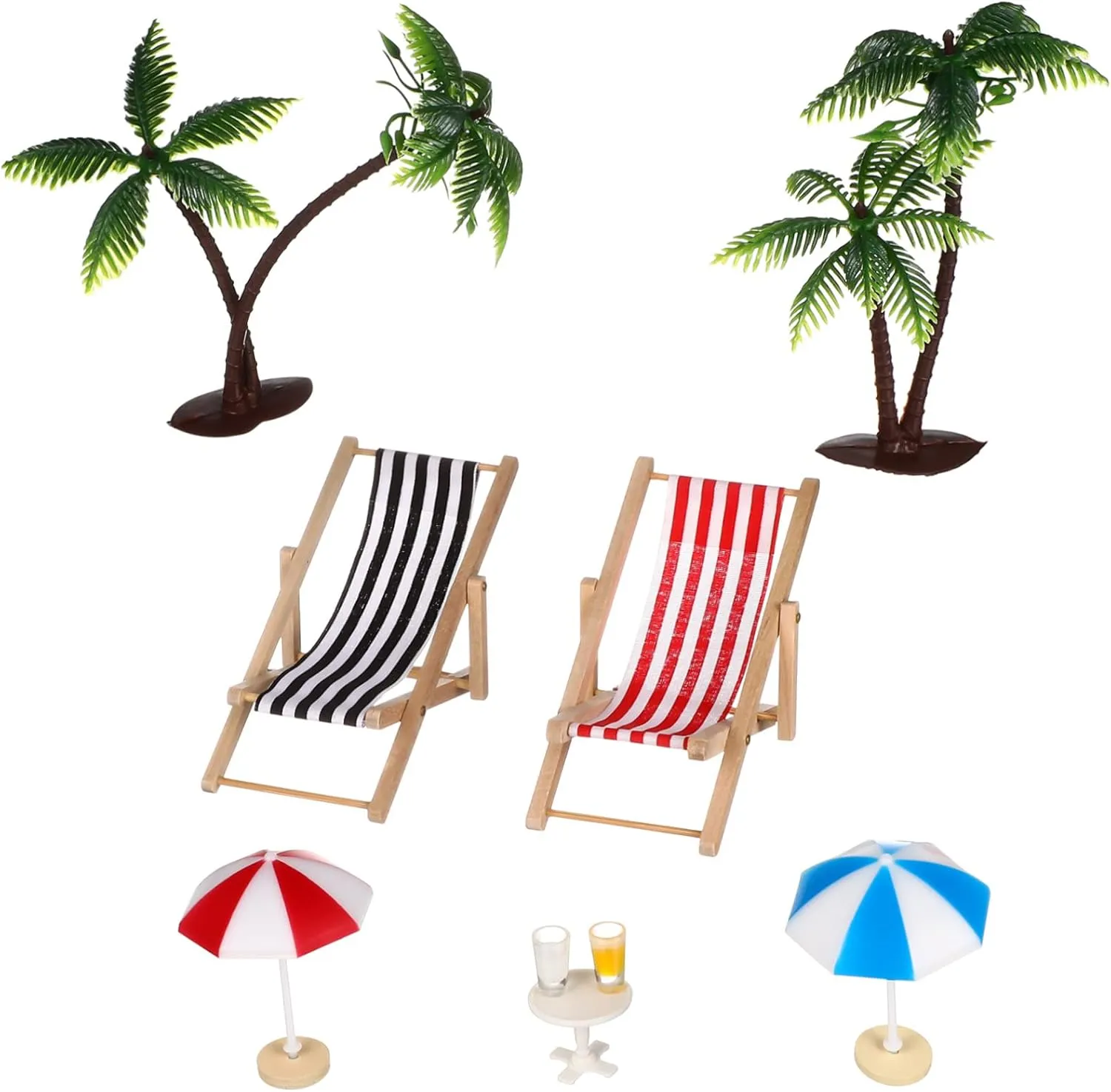 Miniature Doll House Beach Set Craft Kit with Palm Trees Umbrellas Deckchairs Drinks Round Tea Table Micro Landscape Decor for Fairy Garden and Dollhouse