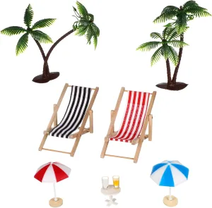 Miniature Doll House Beach Set Craft Kit with Palm Trees Umbrellas Deckchairs Drinks Round Tea Table Micro Landscape Decor for Fairy Garden and Dollhouse
