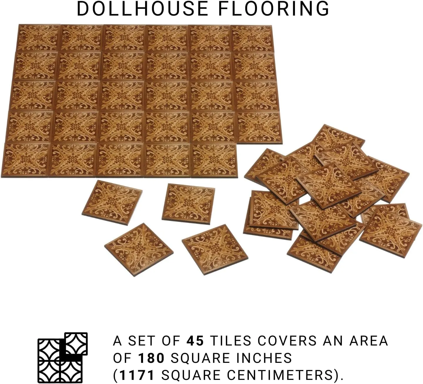 Miniature Dollhouse Floor Tiles – 45 PCS – Imitation Wood Parquet Design – 1:12 & 1:6 Scale – Parquet-Style Tiles for DIY Dollhouse Flooring - REDUCIO! (Royal Amber)