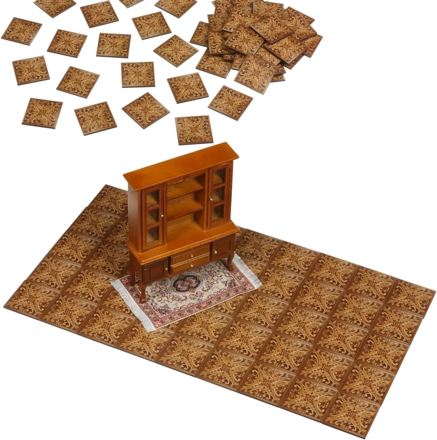 Miniature Dollhouse Floor Tiles – 45 PCS – Imitation Wood Parquet Design – 1:12 & 1:6 Scale – Parquet-Style Tiles for DIY Dollhouse Flooring - REDUCIO! (Royal Amber)