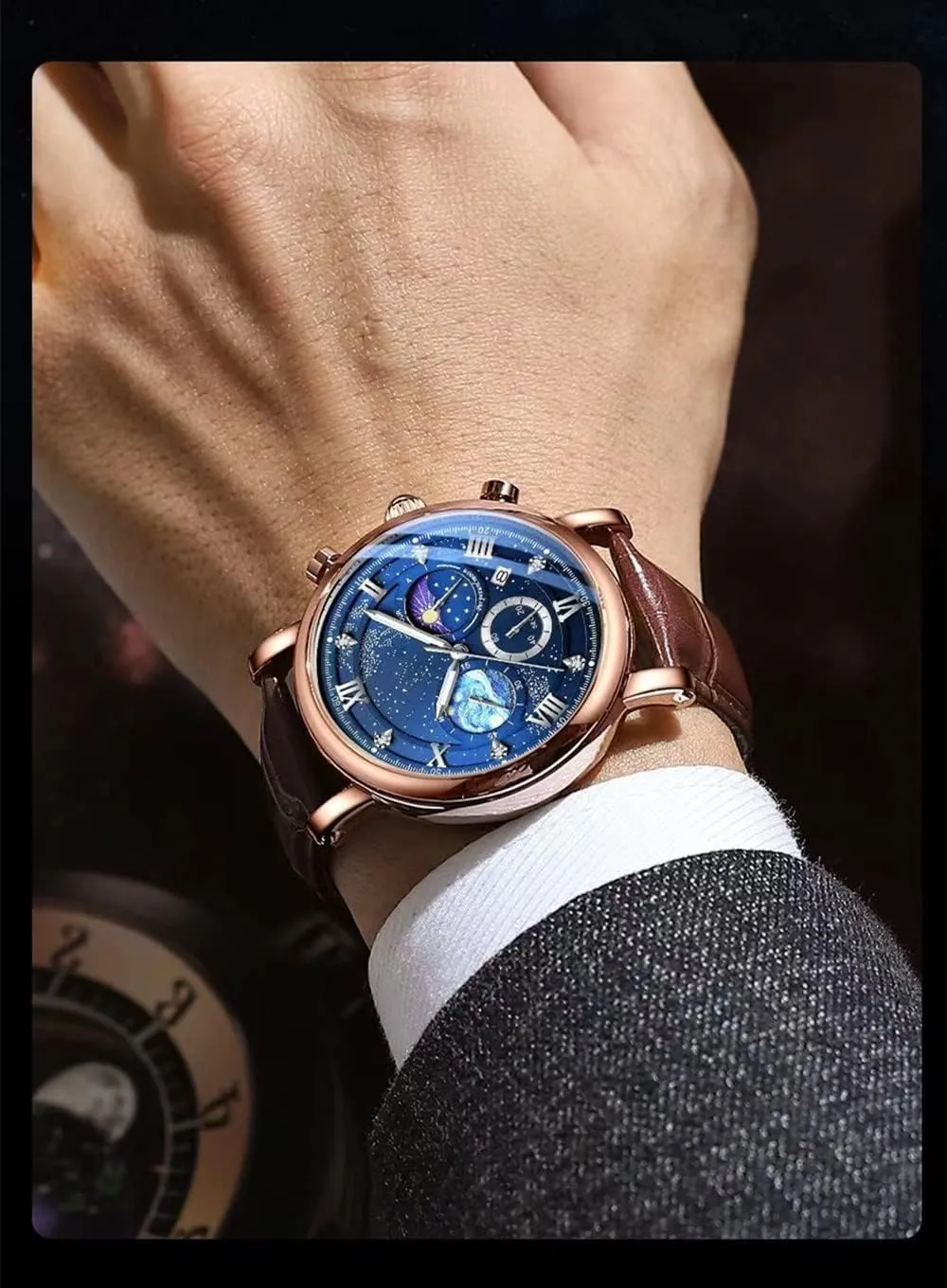 MINILUJIA 50M Waterproof Men World Map Watches Creative Starry Universe Earth Globe Moon Sun Rotating Eye-catching Personalized Cool Unique Mens Watches