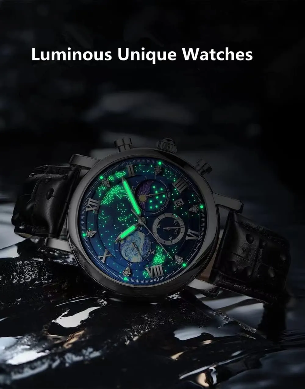 MINILUJIA 50M Waterproof Men World Map Watches Creative Starry Universe Earth Globe Moon Sun Rotating Eye-catching Personalized Cool Unique Mens Watches