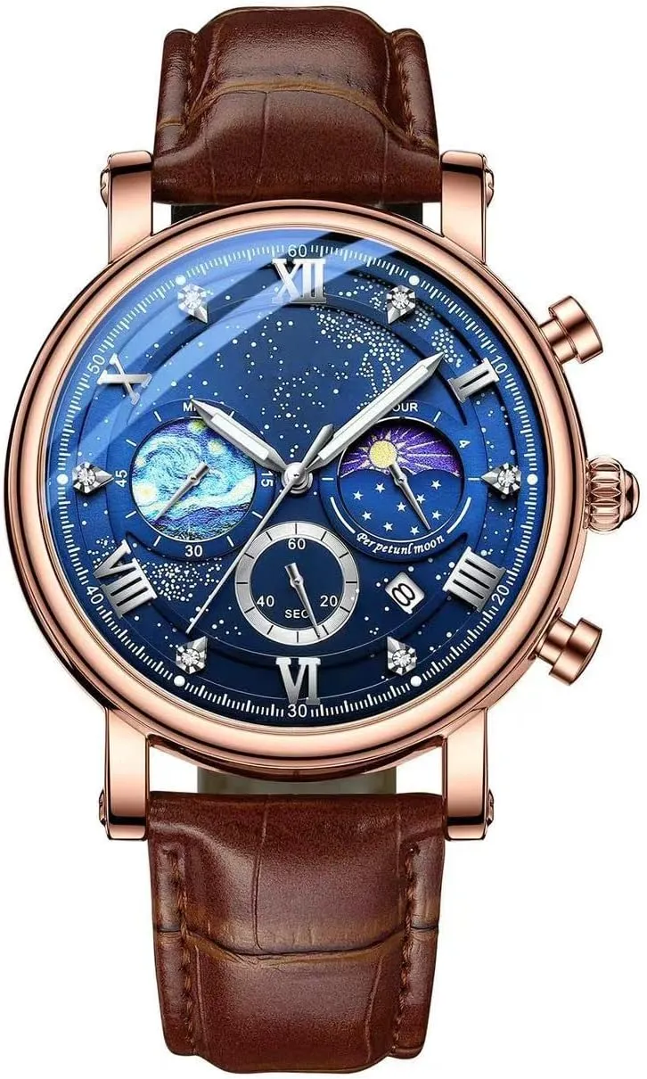 MINILUJIA 50M Waterproof Men World Map Watches Creative Starry Universe Earth Globe Moon Sun Rotating Eye-catching Personalized Cool Unique Mens Watches