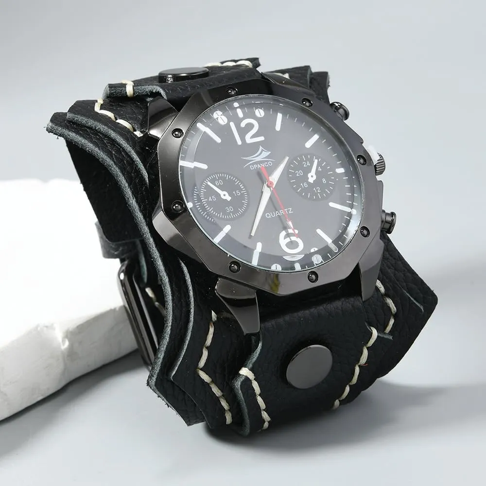 MINILUJIA Handmade Men Watches with Wax Rope Sewn Vintage Punk Hip-Hop Gothic Wide Genuine Soft Leather Cool Cuff Wristwatch Personalized Watch Round Black Dial