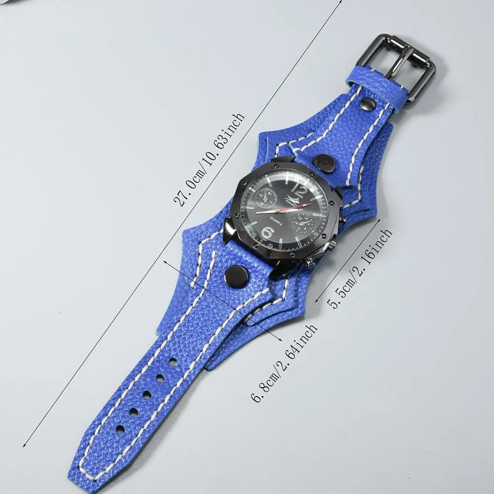 MINILUJIA Handmade Men Watches with Wax Rope Sewn Vintage Punk Hip-Hop Gothic Wide Genuine Soft Leather Cool Cuff Wristwatch Personalized Watch Round Black Dial